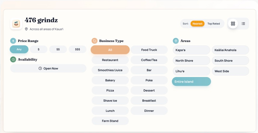 Kapaa.APP signed-in business directory with filters for price, open now, business type, and area.
