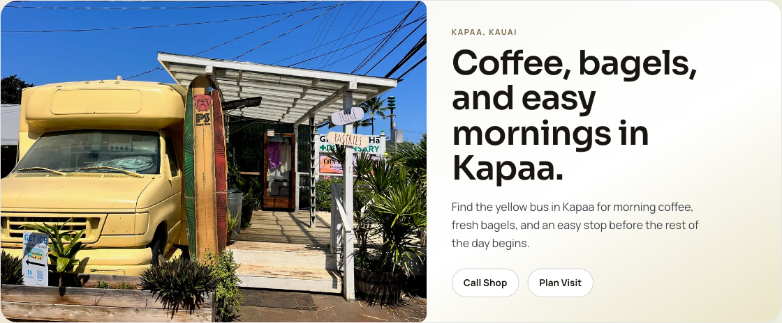 Mokihana Coffee Co. website homepage showing its yellow coffee bus and morning-coffee heading.