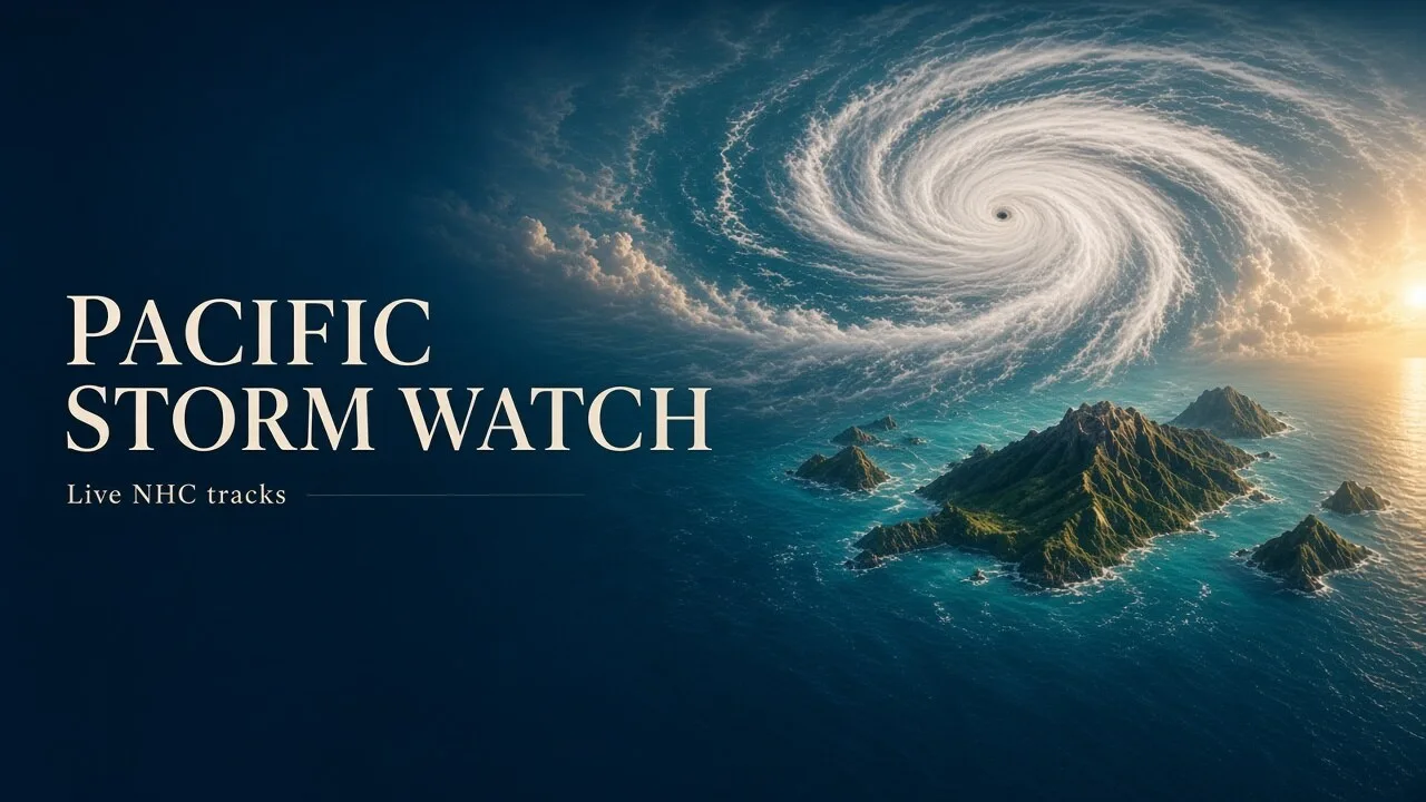 Pacific Storm Watch promotional image: a tropical cyclone over the Hawaiian islands, titled Pacific Storm Watch, with the line Live NHC tracks.